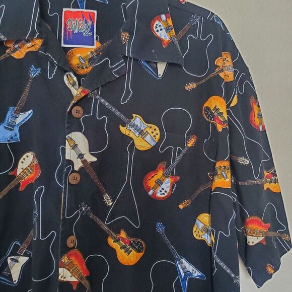 Vintage Dem Crazy Shirt Mens L Guitar All Over Print Button Up Short Sleeve Blk - Picture 9 of 16
